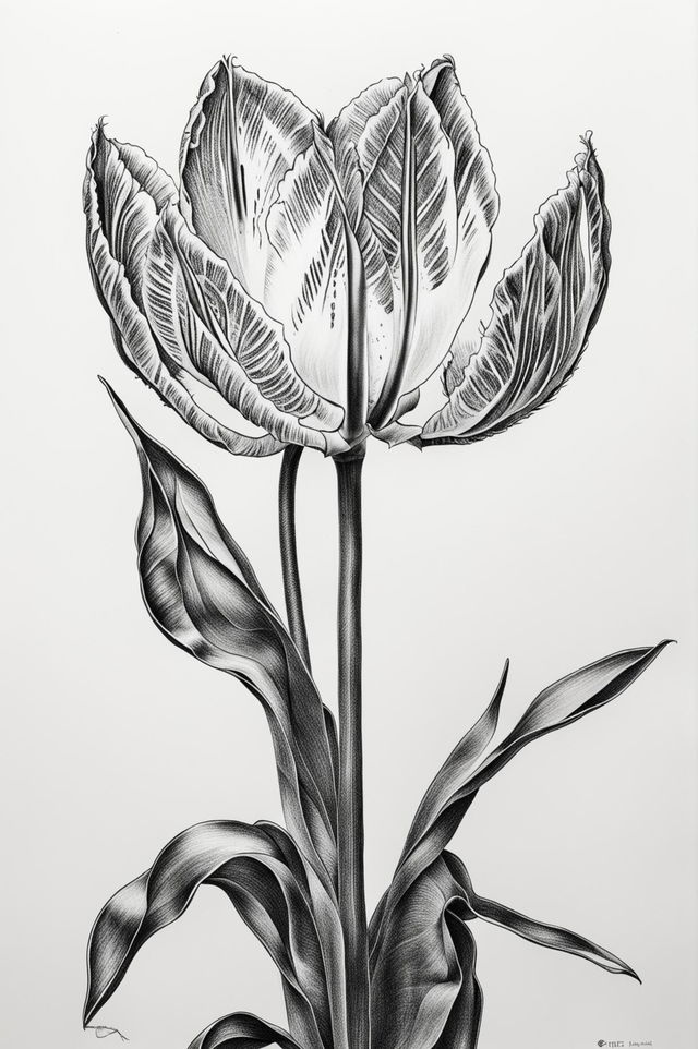 This is a high-resolution, black and white image of a tulip in full bloom, intricately drawn with a ballpoint pen