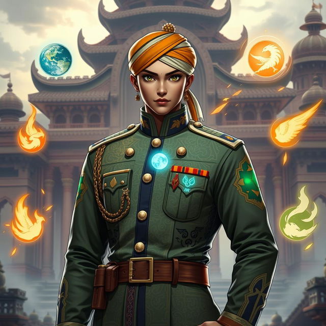 A character wearing a military uniform inspired by Jujutsu Kaisen and Fullmetal Alchemist: Brotherhood, incorporating Indian cultural elements such as intricate patterns and traditional fabrics