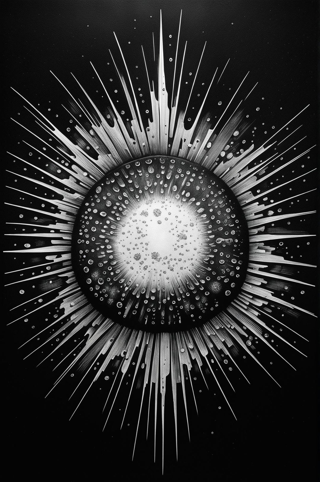 This is a high-resolution, black and white image of the sun, masterfully drawn with a ballpoint pen