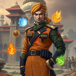 A character wearing a military uniform inspired by Jujutsu Kaisen and Fullmetal Alchemist: Brotherhood, incorporating Indian cultural elements such as intricate patterns and traditional fabrics