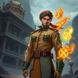 A character wearing a military uniform inspired by Jujutsu Kaisen and Fullmetal Alchemist: Brotherhood, incorporating Indian cultural elements such as intricate patterns and traditional fabrics