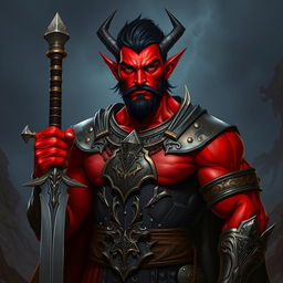 A buffed male tiefling paladin with short dark hair and striking red skin, showcasing his impressive muscles
