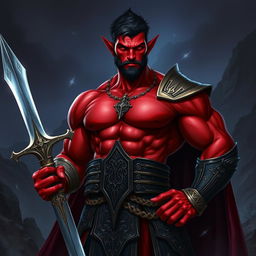 A buffed male tiefling paladin with short dark hair and striking red skin, showcasing his impressive muscles