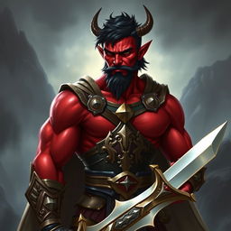 A buffed male tiefling paladin with short dark hair and striking red skin, showcasing his impressive muscles