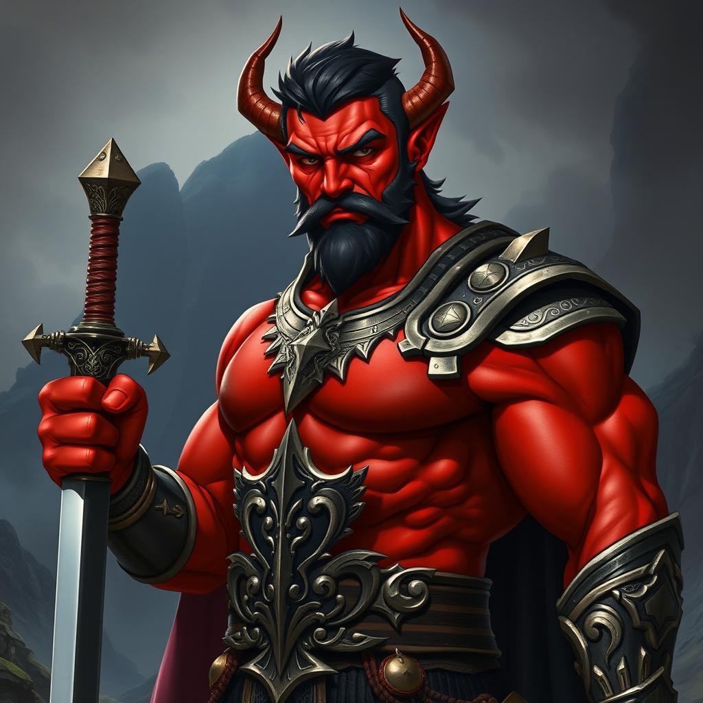 A buffed male tiefling paladin with short dark hair and striking red skin, showcasing his impressive muscles