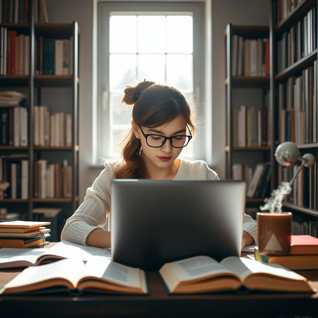 A focused young woman studying at a desk, surrounded by open books and notes, with a laptop in front of her