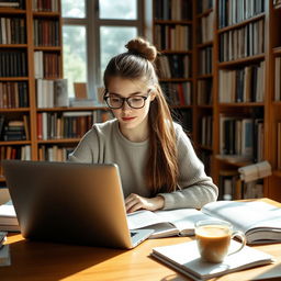 A focused young woman studying at a desk, surrounded by open books and notes, with a laptop in front of her