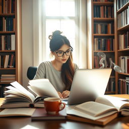 A focused young woman studying at a desk, surrounded by open books and notes, with a laptop in front of her
