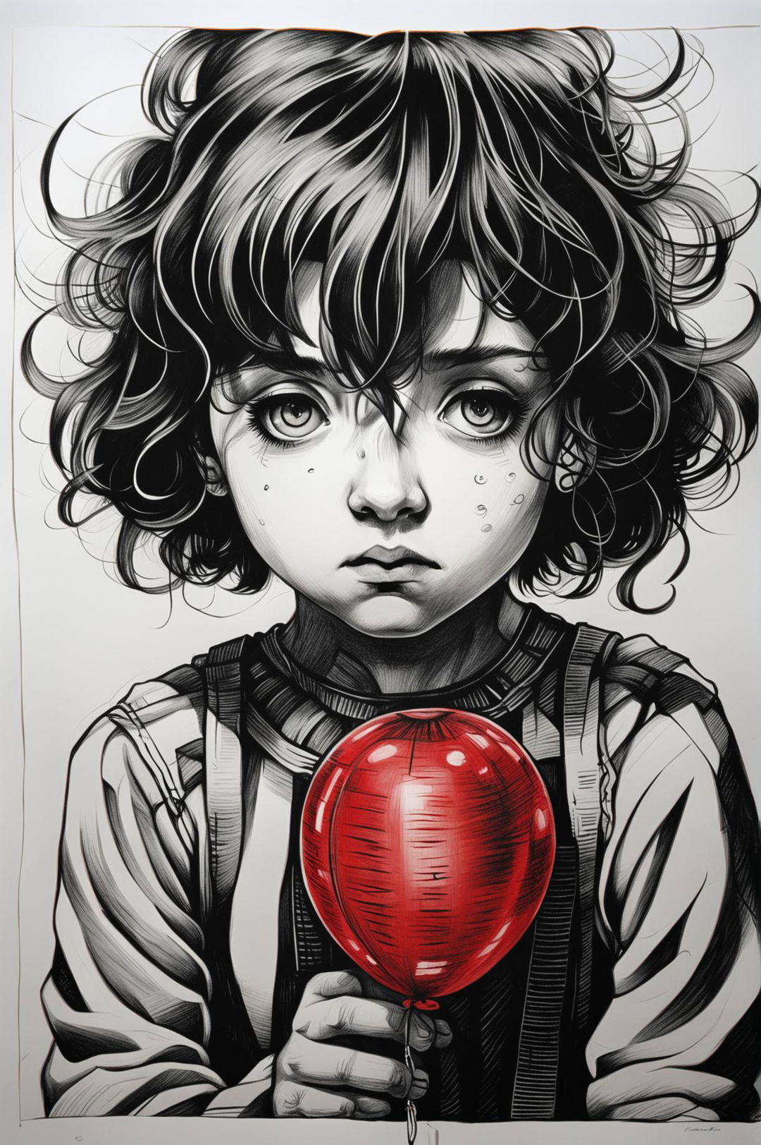 This is a high-resolution, black and white image of a sad girl holding a red balloon, delicately drawn with a ballpoint pen