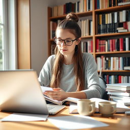 A focused young woman studying at a desk, surrounded by open books and notes, with a laptop in front of her
