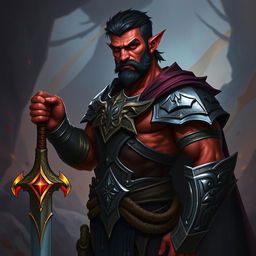 A buffed male tiefling paladin with short dark hair, vibrant red skin, and a strong wide jaw