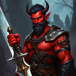 A buffed male tiefling paladin with short dark hair, vibrant red skin, and a strong wide jaw