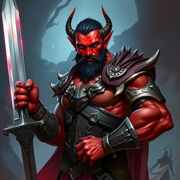 A buffed male tiefling paladin with short dark hair, vibrant red skin, and a strong wide jaw