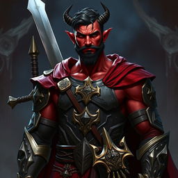 A buffed male tiefling paladin with short dark hair and deep red skin