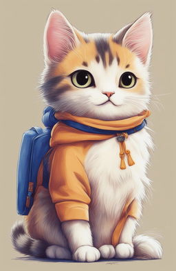 This is a high-resolution image of an adorable cat inspired by Studio Ghibli, set in a Wes Anderson universe, masterfully drawn with a ballpoint pen