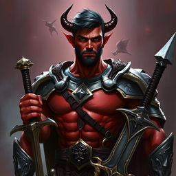 A buffed male tiefling paladin with short dark hair and deep red skin