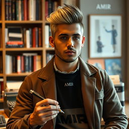A portrait of a male writer and screenwriter, exuding confidence and creativity
