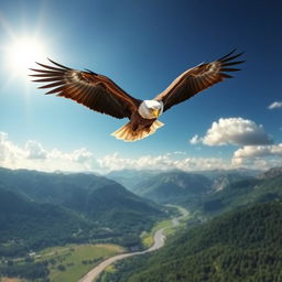 A majestic eagle soaring high above a breathtaking landscape, symbolizing freedom