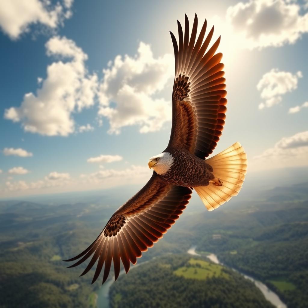 A majestic eagle soaring high above a breathtaking landscape, symbolizing freedom