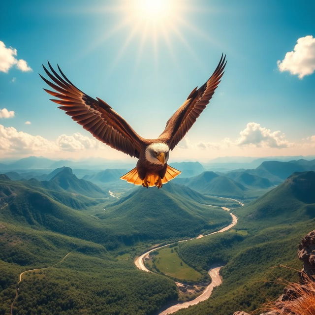 A majestic eagle soaring high above a breathtaking landscape, symbolizing freedom