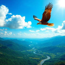 A majestic eagle soaring high above a breathtaking landscape, symbolizing freedom