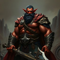 A big, buffed male tiefling paladin with short dark hair and deep red skin, showcasing his powerful physique