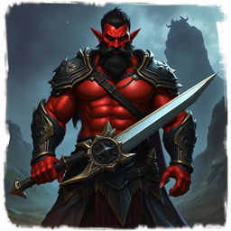 A big, buffed male tiefling paladin with short dark hair and deep red skin, showcasing his powerful physique