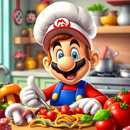 A whimsical and playful scene of Mario, the iconic video game character, wearing a chef's hat and cooking in a vibrant kitchen