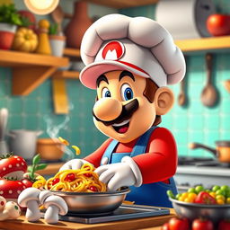 A whimsical and playful scene of Mario, the iconic video game character, wearing a chef's hat and cooking in a vibrant kitchen