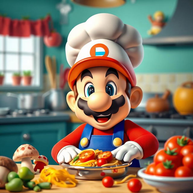 A whimsical and playful scene of Mario, the iconic video game character, wearing a chef's hat and cooking in a vibrant kitchen