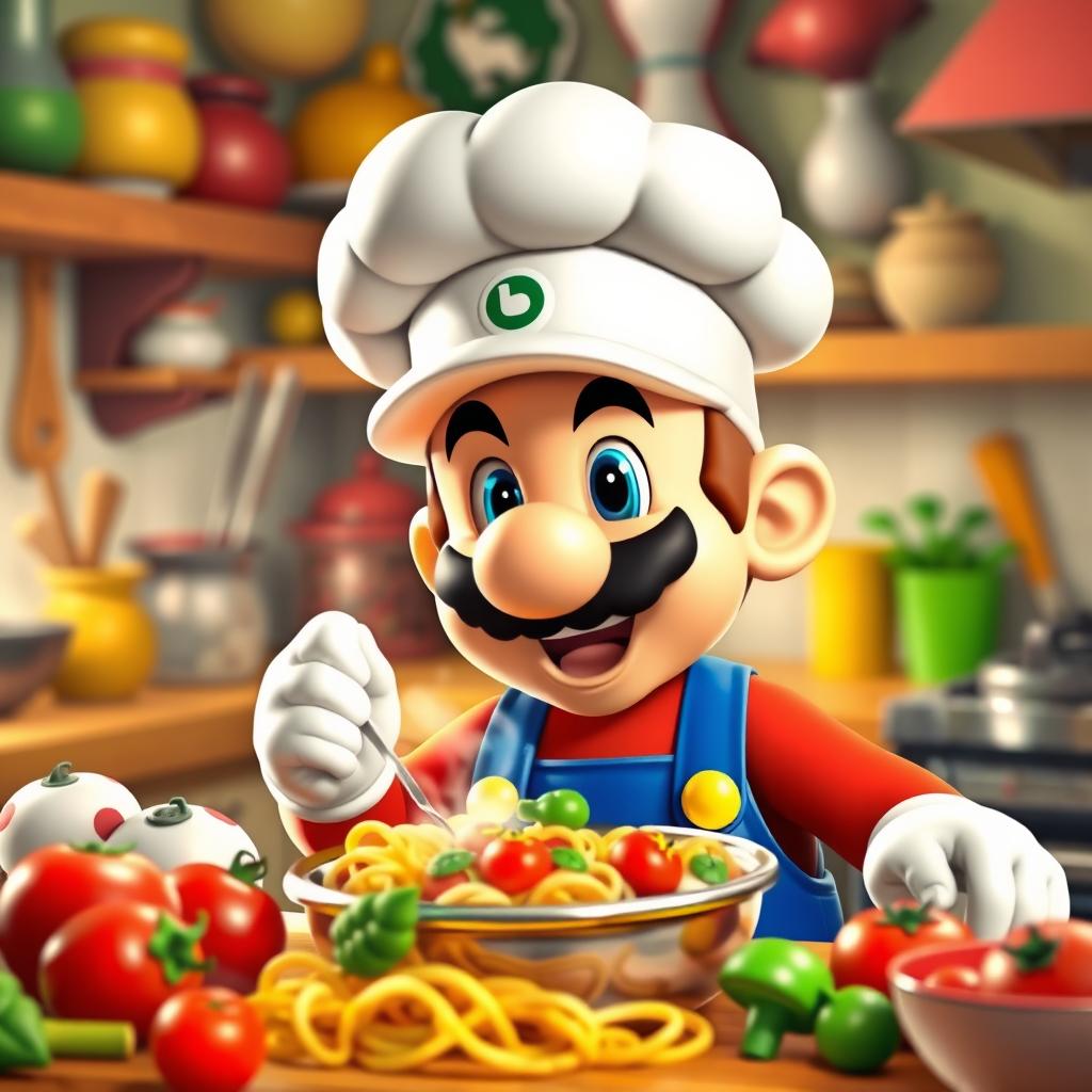 A whimsical and playful scene of Mario, the iconic video game character, wearing a chef's hat and cooking in a vibrant kitchen