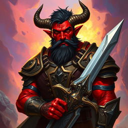 A big, buffed male tiefling paladin with short dark hair and striking red skin