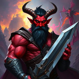 A big, buffed male tiefling paladin with short dark hair and striking red skin