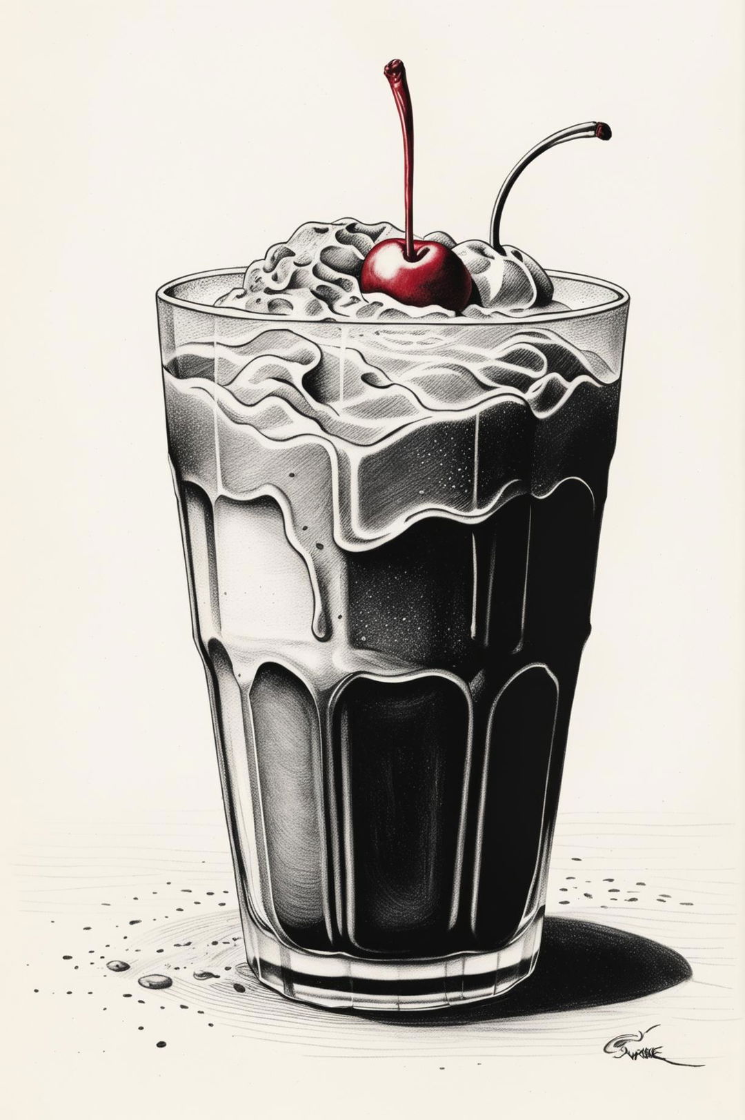 This is a high-resolution, black and white image of a milkshake, expertly drawn with a ballpoint pen