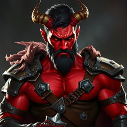 A male tiefling paladin resembling Alan Ritchson, featuring a strong and athletic build with short dark hair and vibrant red skin