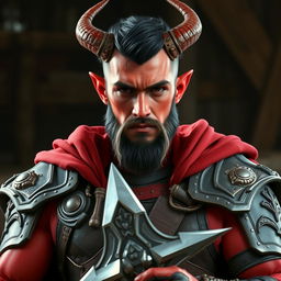 A male tiefling paladin resembling Alan Ritchson, featuring a strong and athletic build with short dark hair and vibrant red skin