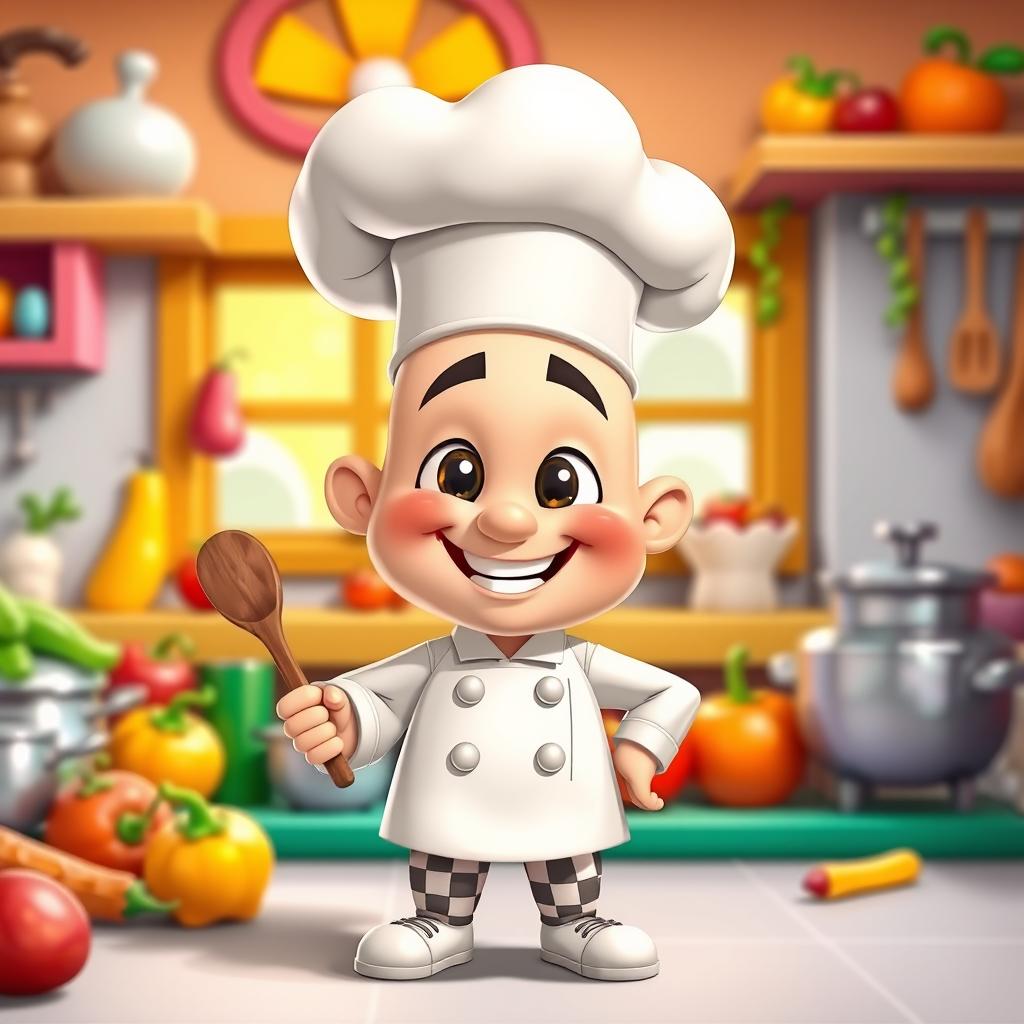 A cartoon-style character resembling a chef wearing a distinctive cooking hat, with a playful and cheerful expression