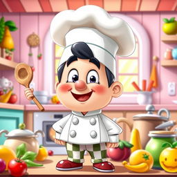 A cartoon-style character resembling a chef wearing a distinctive cooking hat, with a playful and cheerful expression