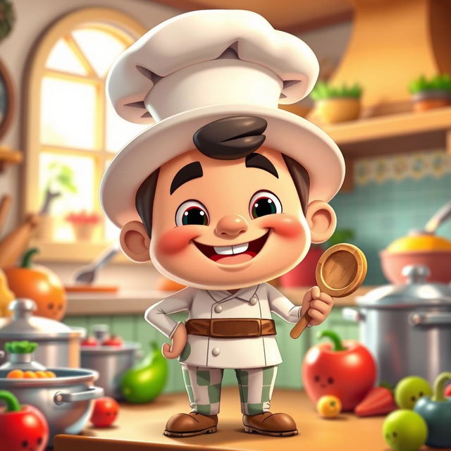 A cartoon-style character resembling a chef wearing a distinctive cooking hat, with a playful and cheerful expression