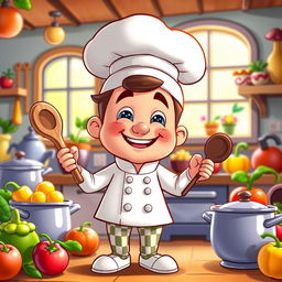 A cartoon-style character resembling a chef wearing a distinctive cooking hat, with a playful and cheerful expression