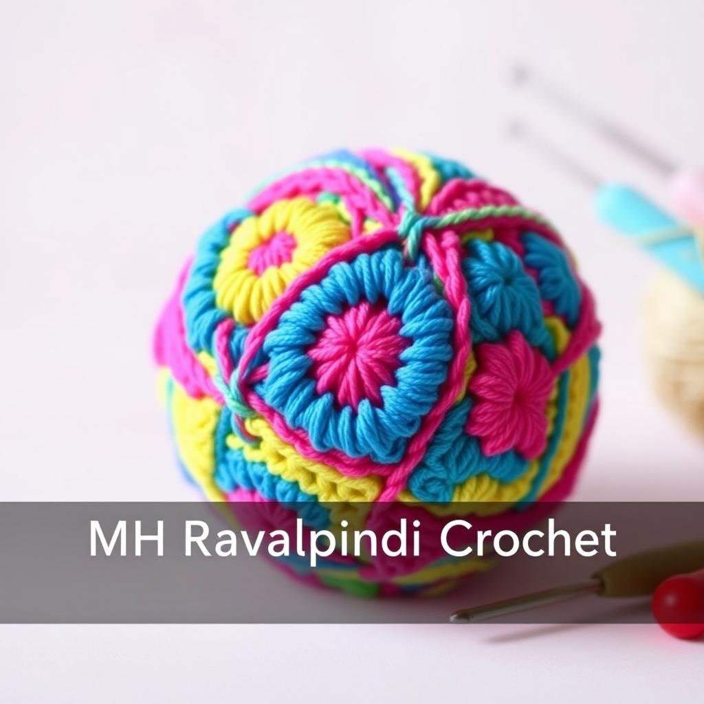 A profile photo for a YouTube channel named 'MH Rawalpindi Crochet', featuring a vibrant, colorful crochet ball as the central focus