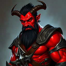A big, buffed male tiefling paladin with short dark hair and bright red skin
