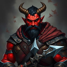 A big, buffed male tiefling paladin with short dark hair and bright red skin