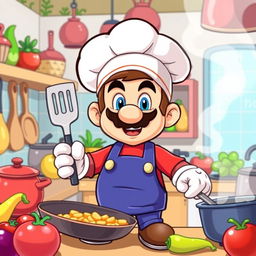 A cartoon-style illustration of a cheerful and enthusiastic chef resembling Mario, wearing a classic white chef hat and a red shirt with blue overalls