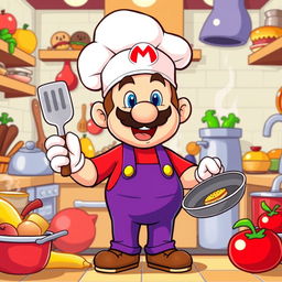 A cartoon-style illustration of a cheerful and enthusiastic chef resembling Mario, wearing a classic white chef hat and a red shirt with blue overalls