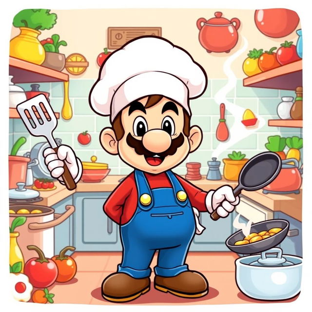 A cartoon-style illustration of a cheerful and enthusiastic chef resembling Mario, wearing a classic white chef hat and a red shirt with blue overalls