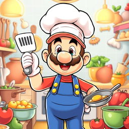 A cartoon-style illustration of a cheerful and enthusiastic chef resembling Mario, wearing a classic white chef hat and a red shirt with blue overalls