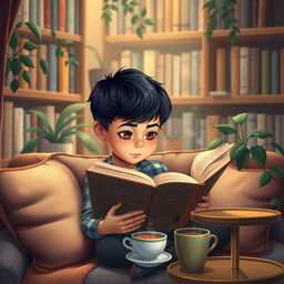 A serene scene featuring a young boy deeply engrossed in reading a book by AHMAD AZIZ ASIAEI