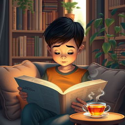 A serene scene featuring a young boy deeply engrossed in reading a book by AHMAD AZIZ ASIAEI