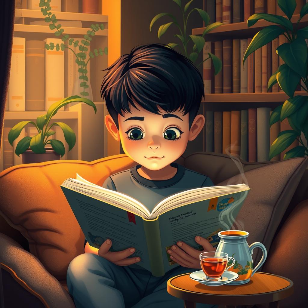 A serene scene featuring a young boy deeply engrossed in reading a book by AHMAD AZIZ ASIAEI